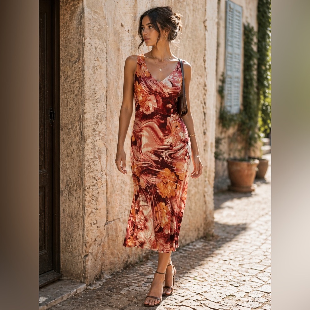 90s Marble Print Mesh Midi Dress Terra Nostra